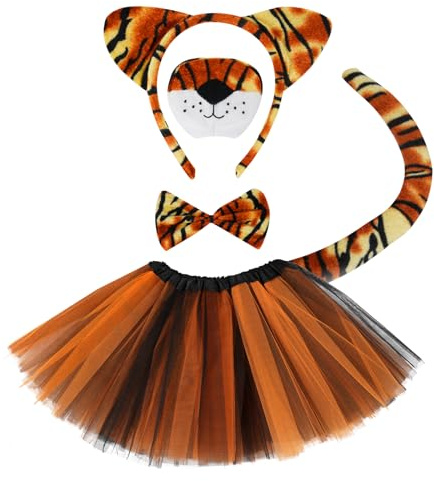 ACWOO 5 Pièces Ensemble de Costumes Tigre Enfant, Déguisement Animaux Enfant, Bandeau De Tigre, Queue De Tigre, Nez, Nœud Papillon, Jupe Tutu, Costume Tigre de Animaux Enfant pour Halloween Cosplay