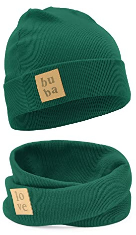 Bubalove Kindermütze Herbst/Winter + Schornstein Set für Mädchen, Jungen, Baby Mütze, Handmade Kopfbedeckung, DIY Schal und Mützenset für Kinder, grün 9+ Jahre