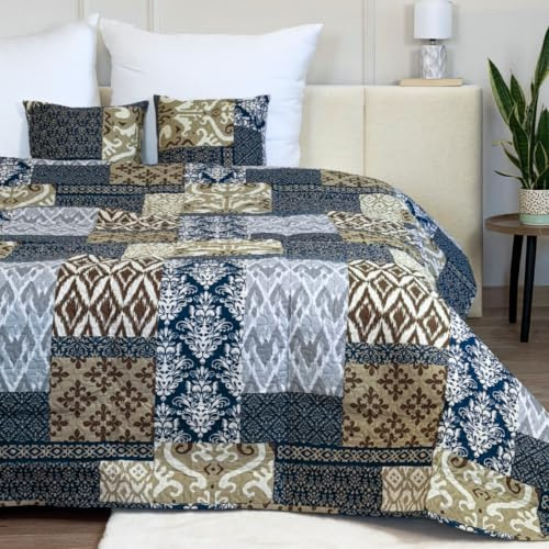 Euromat Tagesdecke Steppdecke Bettüberwurf Gesteppte Tagesdecke mit 2 Kissenbezüge 40x40 cm- (Blau Beige Braun- SY-6750, 220x240 cm)