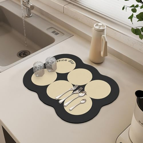 Hixingo Súper Absorbente Bayeta Escurreplatos, Antideslizante Dish Drying Mat Abstracto Moderno Alfombra Escurreplatos，Diatomita Alfombrilla Cafetera (Negro,40x60cm)