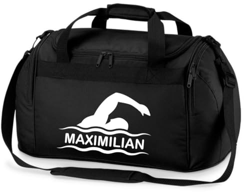 minimutz Sporttasche Schwimmen für Kinder - Personalisierbar mit Name - Schwimmtasche Duffle Bag für Mädchen und Jungen (schwarz)