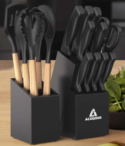 ACOQOOS Knife Set with Kitchen Utensils Set - Complete 18-Piece Knife Set forKitchen with Block - Includes 10-Piece Knives & 6-Piece Silicone Utensil