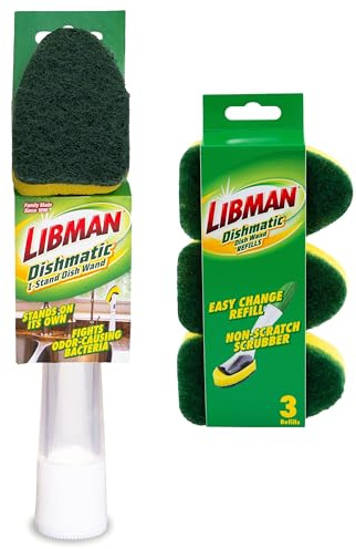 Libman Dishmatic I-Stand Dish Wand Kit, Kitchen Cleaning Scrub Brush with Handle and Soap Dispenser for Scrubbing and Washing Dishes, Refillable Standing Dispensing Scrubber Brushes, 3 Sponge Refills