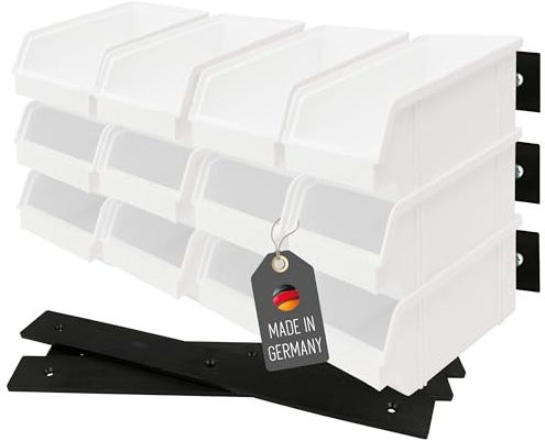 Lantelme 18 Stück stapelbare Aufbewahrungsboxen und 6 Wandleisten | Kunststoff Lagerkästen in Weiß Set Werkstatt Garage Lager | Stapelbox robuste Sortierbehälter für Kleinteile | Deutsche Herstellung