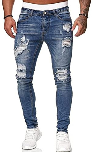 Jeans For Män Slim Fit Casual Denim Stretch Ripped Jeans Byxor Skinny Byxor Vintage Jeans Arbetsbyxor Långbyxor Herr Streetwear Sommarbyxor For Hösten (Color : Blue, Size : S)