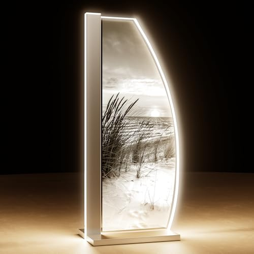 Luverre Tischlampe | LED-Leuchte | Glas-Leuchte mit Gravur für Nachttisch, Kommode, Wohnzimmer | Strand, Meer, Düne, Gras (Meeresmorgen, Segel | silber)