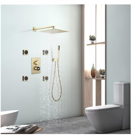 SWHC Duschsystem Unterputz Duscharmatur Set Digitale Anzeige Dusche Regendusche Set 3 Funktionen Messing Duschgarnitur mit Regendusche 30 * 30cm, Handbrause, 4PCS Seitenbrause