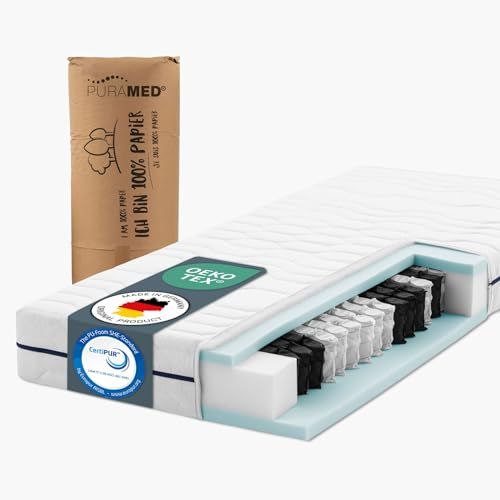 PURAMED Taschenfederkernmatratze 90x200 cm | Härtegrad H3 | Höhe 20 cm | ergonomische 7-Zonen Matratze | waschbarer Mikrofaser-Bezug | Oeko-TEX® & CertiPUR Zertifiziert | produziert in Deutschland