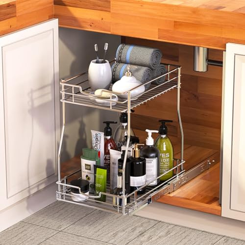 Mutool Pull Out Storage Organisers, 2 Tier Under Sink Storage, Sliding Metal Countertop Organiser, Under Sink Drawer Organiser for Kitchen, Bathroom, Cabinet and Pantry - Silver