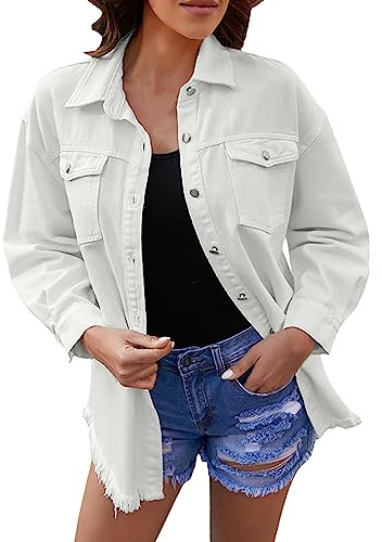 Jeansjacka dam oversize lång – fretidsjacka dam oversize jeansjackor för dam oversize denimjacka midja elegant kort övergångsjacka lätt jeansjacka stretch sommarjacka boyfriend jacka, Vit, M