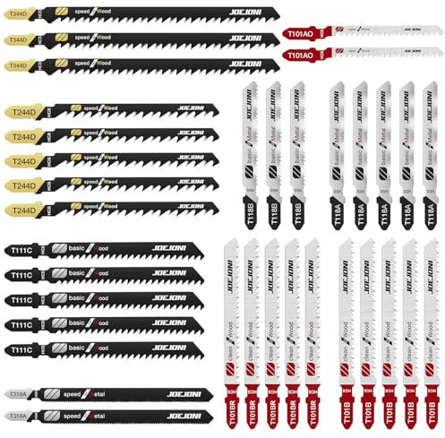 JOEJONI Jeu de Lames de Scie Sauteuse, 35 pces Lames de Scie Sauteuse à Queue en T avec Coffret de Rangement, Accessoires pour Scies Sauteuses pour le Bois, le Plastique et le Métal