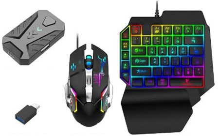 Garsent Combo Clavier, Souris et Convertisseur de Jeu RVB à Une Main, Adaptateur Filaire pour Jeux Mobiles, Pack Combo de Jeu Mobile 3 en 1, Adaptateur Clavier et Souris