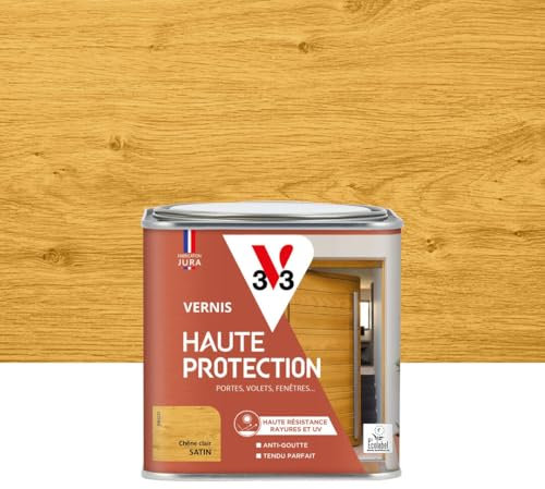 V33 Vernis bois extérieur Chêne clair satin - Haute Protection - Haute résistance rayures et UV - Anti-goutte et tendu bon - Ecolabel - 0,5L