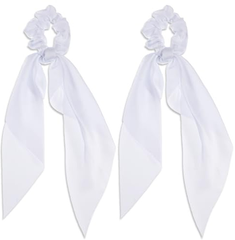 2 Stück Satin Haargummi, Mabor Elastisch Haargummi mit Schleife Pferdeschwanz Satin Scrunchie für Damen und Mädchen, Weiß haarschmuck