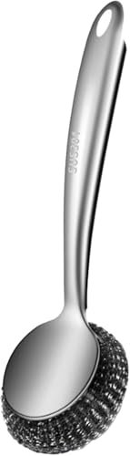 Stainless Steel Scrubber,304 Stainless Steel Pot Brush,Portable Steel Wool Ball Long Handle Pot Brush,Steel Wool Scrubber (A)