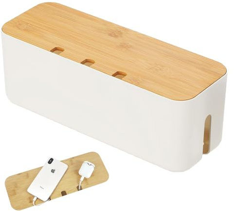 Cable Tidy Box, Cord Organizer Box with Wooden Lid, 36 x 13 x 13 cm (White)