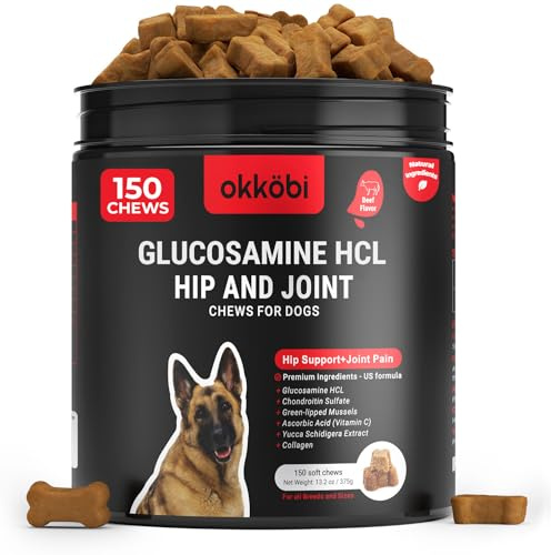 OKKÖBI Glucosamine HCL & Hip and Joint Chews for Dogs - 150 pcs - Advanced Hip and Joint Support for dogs - With MSM & Green Lipped Mussel - Chicken