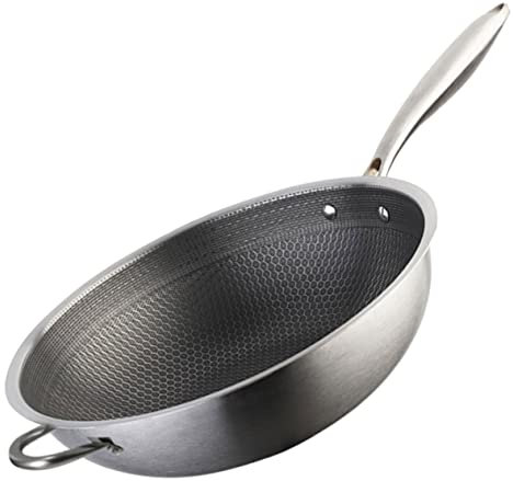 Wok de acero inoxidable de 32 cm con superficie de panal - Sartén antiadherente para cocina de inducción, diseño de doble mango, ideal para restaurantes y uso doméstico.
