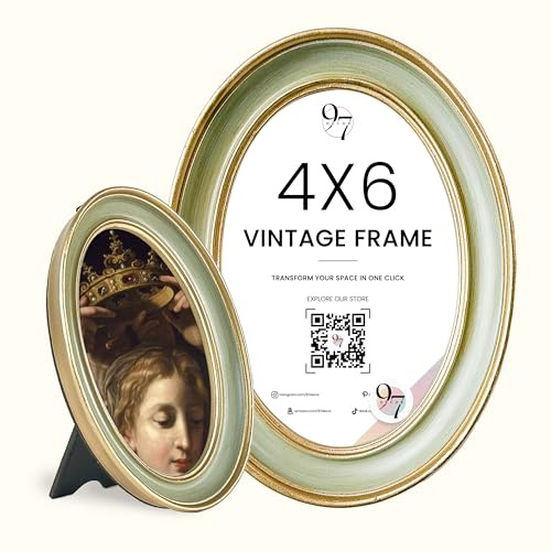 97 Decor Green Gold Oval Picture Frame 4x6 - Vintage Picture Frames 4x6, Elegant 4 X 6 Antique Frame With Glass Front For Photo Display Tabletop And Wall Mounting