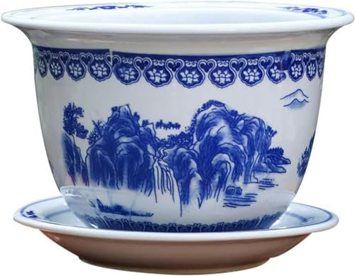 Blau-weißer Pflanztopf aus Porzellan und Keramik, chinesischer Blumentopf aus Keramik, Untersetzer aus Porzellan, dekorativer Blumentopf mit Untersetzer für Pflanzen im Innen- und Außenbereich, ORN (