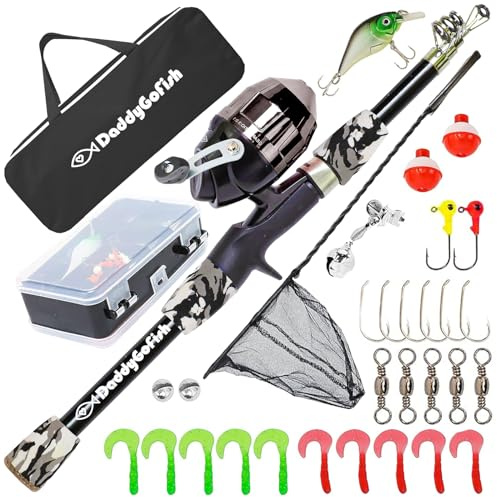 DaddyGoFish Kids Canna da Pesca - Canna E Mulinello Combo Tackle Box Set - Kit di Attrezzatura Piccola per Il Primo Anno per Ragazzi, Ragazze, Bambini E Ragazzi (Essential Set, Nera, 5ft)