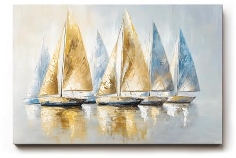 Sinus Art Wandbild 120x80cm Dynamisches Motiv mit sieben Segelbooten in Blau und Goldtönen – stilvoll und maritim zugleich