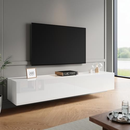 ZANOFIRA Floating TV Stand Cabinet with Pull-Down Door, High Gloss White TV Stand with Large Storage Shelves, Modern Wall-Mounted Unit for Living Room & Bedroom 1800x400x300mm
