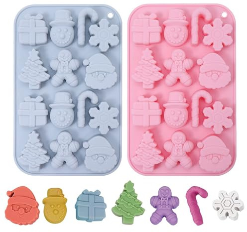 EDLMKM 2Pcs Christmas Silicone Mold, Christmas Silicone Chocolate Moulds, 28 Cavities Christmas Tree Snowman Shapes Cake Mould, for Christmas Xmas New Year Cake DIY Decoration (Pink, Grey)