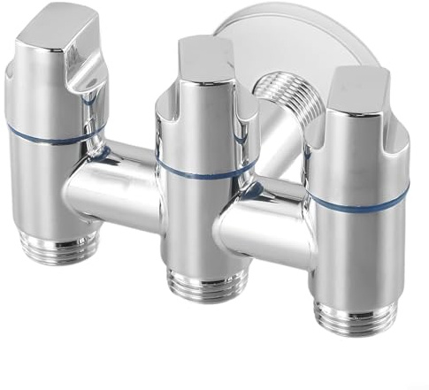Vanne d'angle de dérivation d'eau à trois voies avec une entrée et trois sorties, corps en laiton massif, installation facile pour machine à laver, lave-vaisselle, douche, salle de bain (argenté)