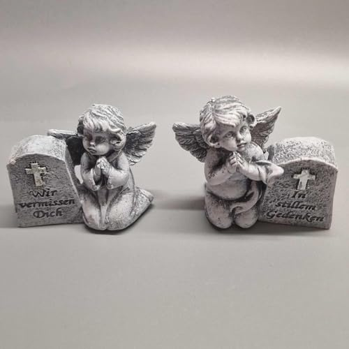eberin365 GRABWELT – Kleiner Gedenkstein Engel Set: 2 wetterfeste Engelsfiguren aus Polyresin, Grabschmuck für Friedhof, Grabengel Figur zum Andenken