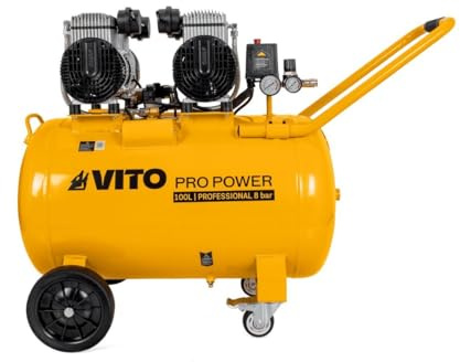 VITO - Compresseur d'Air 100L Sans Huile 4CV 3kW - Débit 472L/min - 8 Bar Silencieux 89dB - Idéal Peinture, Sablage & Mécanique - 4 Roues Mobiles & Raccords Rapides