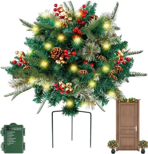 Prelit - Arbustos de Navidad con luces, decoraciones navideñas al aire libre, pinos artificiales iluminados para rellenar macetas festivas