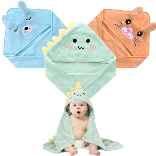 Funmo Baby Kapuzenhandtuch, 3 Stück Baby Badetuch Set, Kapuzenbadetüch für Kinder, Babyhandtuch Bambus Super Saugfähig, Kleinkind Badetücher mit DREI Mustern als Baby Geschenk (A)