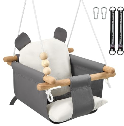 Balançoire pour Bébé en Bois Cordes Réglables 110-180cm, Balançoire Suspendue avec Ceinture de Sécurité et Boucle de Sécurité et Coussin, Balançoire Enfant pour extérieure et intérieure Jardin