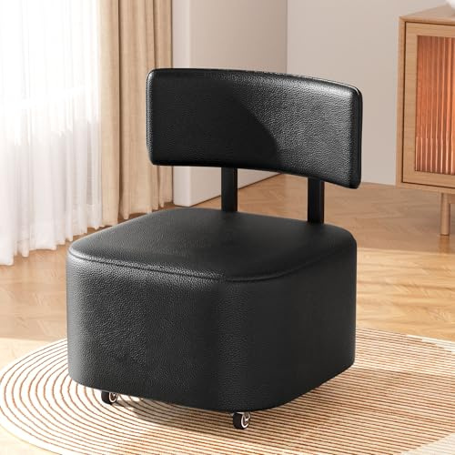 Rollstuhl PU-Leder Niedriger Rollhocker, Kleiner Hocker Mit Rollen Und Rückenlehne, Rollhocker Trittleiter, Bequemer Sitz Mit Lederpolster Wechselbank Für Den Flur, Flexible Bewegung (Grau) (Schwarz)