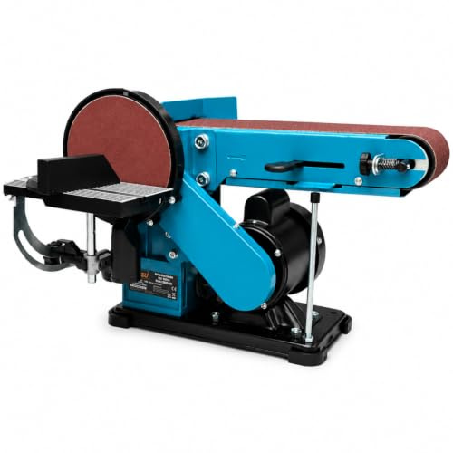 KATSU Tools Correa de banco y lijadora de disco de 350 W, disco de 150 mm, cinta de lijado de 100 x 914 mm, mesa ajustable y extracción de polvo, ideal para madera, metal, plástico, modelo 100199