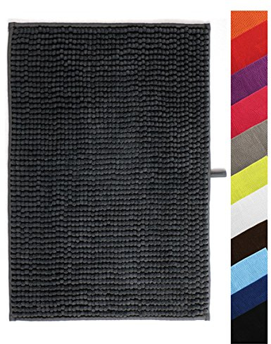 MSV – Chenille-Mikrofaser-Badematte – Langflorig, rutschfest – Maschinenwaschbar – Praktische Aufhängeschlaufe – Optimaler Komfort und Hygiene – Dunkelgrau – Einzelmatte – 60 x 90 cm