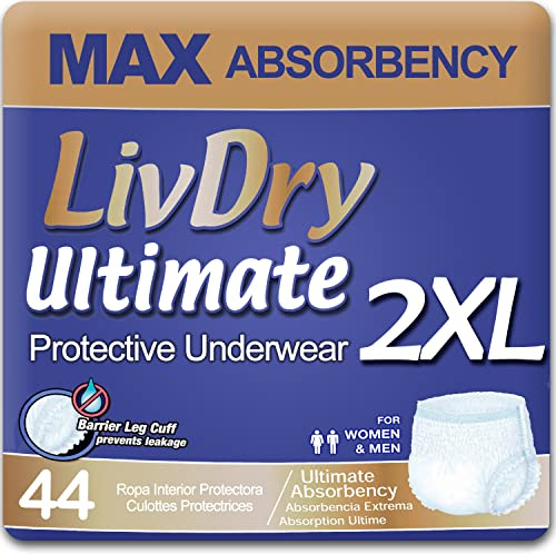 LivDry Ultimate 2XL Adult Incontinence Underwear, Max Absorbent Diapers for Women and Men, XXL 60” -80 Waist, Leak Proof Cuff, XX-Large, 44 Pack
