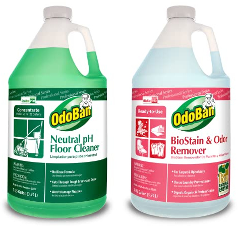 OdoBan Professional Cleaning Neutral pH Floor Cleaner and BioStain and Odor Remover, Made in the USA, 1 Gallon Each
