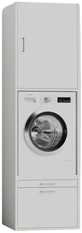 WASCHTURM • Waschmaschinenschrank mit Schrankaufsatz • HBT: 233x67x65 cm • Schublade & Ausziehbrett • TÜV-Zertifiziert • Weiß