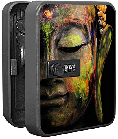 banjado Burg-Wächter Schlüsselkasten abschließbar für 20 Schlüssel/Schlüsselbox mit Zahlenschloss 16x20x8cm groß/Schlüsselaufbewahrung aus Stahlblech schwarz/Motiv Bunter Buddha