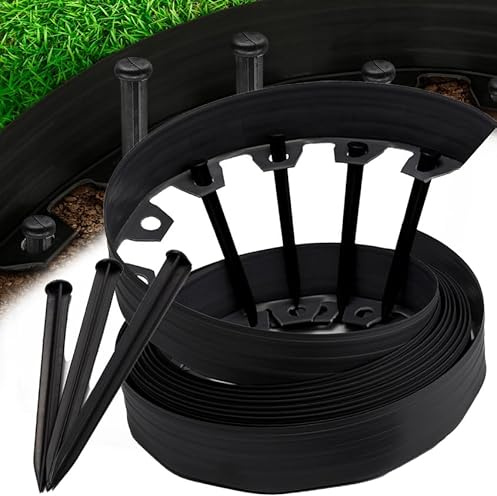 Rasenkante Wurzelsperre System Flexible (Schwarz Lang: 10m / Hoch: 4cm) - Beeteinfassung rund + 30 Befestigungsnägel