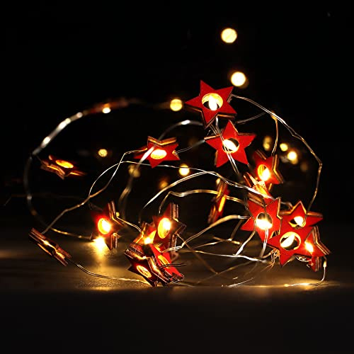 com-four® LED Lichterkette mit Timer, energiesparende Weihnachtsbeleuchtung | Lichterkette mit 20 LED-Sterne aus Holz - Weihnachtdekoration für Innen