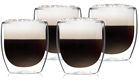 GLASWERK - Bicchieri di design per latte macchiato (4 x 250 ml) e cappuccino, vetro borosilicato a doppia parete, bicchieri da tè e caffè lavabili in lavastoviglie, set di bicchieri termici