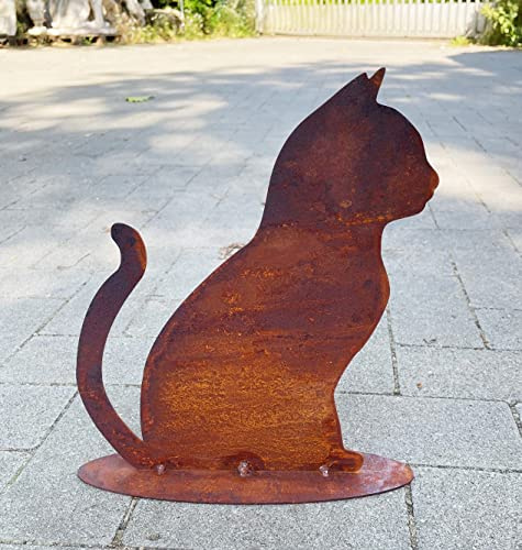 Trädgårdsfigur katt sittande 30 x 25 cm på platta rostfritt stål rost metall rostfigur djur från stenfigursvärld (katt)