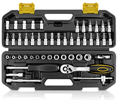 ANPUDS Steckschlüsselsatz, 47-teilig Ratschenkasten Klein mit 1/4 Zoll Umschaltratsche Sowie Schraubendrehergriff, Knarrenkasten Set, Auto und Fahrrad Reparatur Werkzeug Set