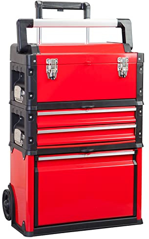 BIG RED Stackable Portable Metal Tool Box Organizer with Wheels and 2 Drawers, Rolling Upright Trolley Tool Chest for Garage or Workshop,Red,ATRJF-C305ABDR