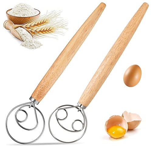 2 pièces Fouet à pâte danois, Acier Inoxydable Fouet Danois pour des Pâtes Épaisse Wood Handle Mixer Tools MéLangeur Baton pour Cuisine (2 Tailles)