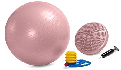 CLUB4BRANDS Set Cojín de Equilibrio y Pelota de Ejercicio 65 cm – Cojín Balance 33 cm con Bomba – Entrenamiento de Core, Yoga, Pilates y Ejercicios de Espalda Oro Rosa – C4B
