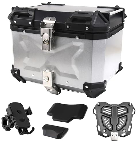 iproods 45L Motorcycle Top Case, Aluminum Alloy Universal Motorcycle Tail Box with Backrest ＆ Phone Mount Holder, Dual-key Storage Luggage Trunk (Silver, 45L)